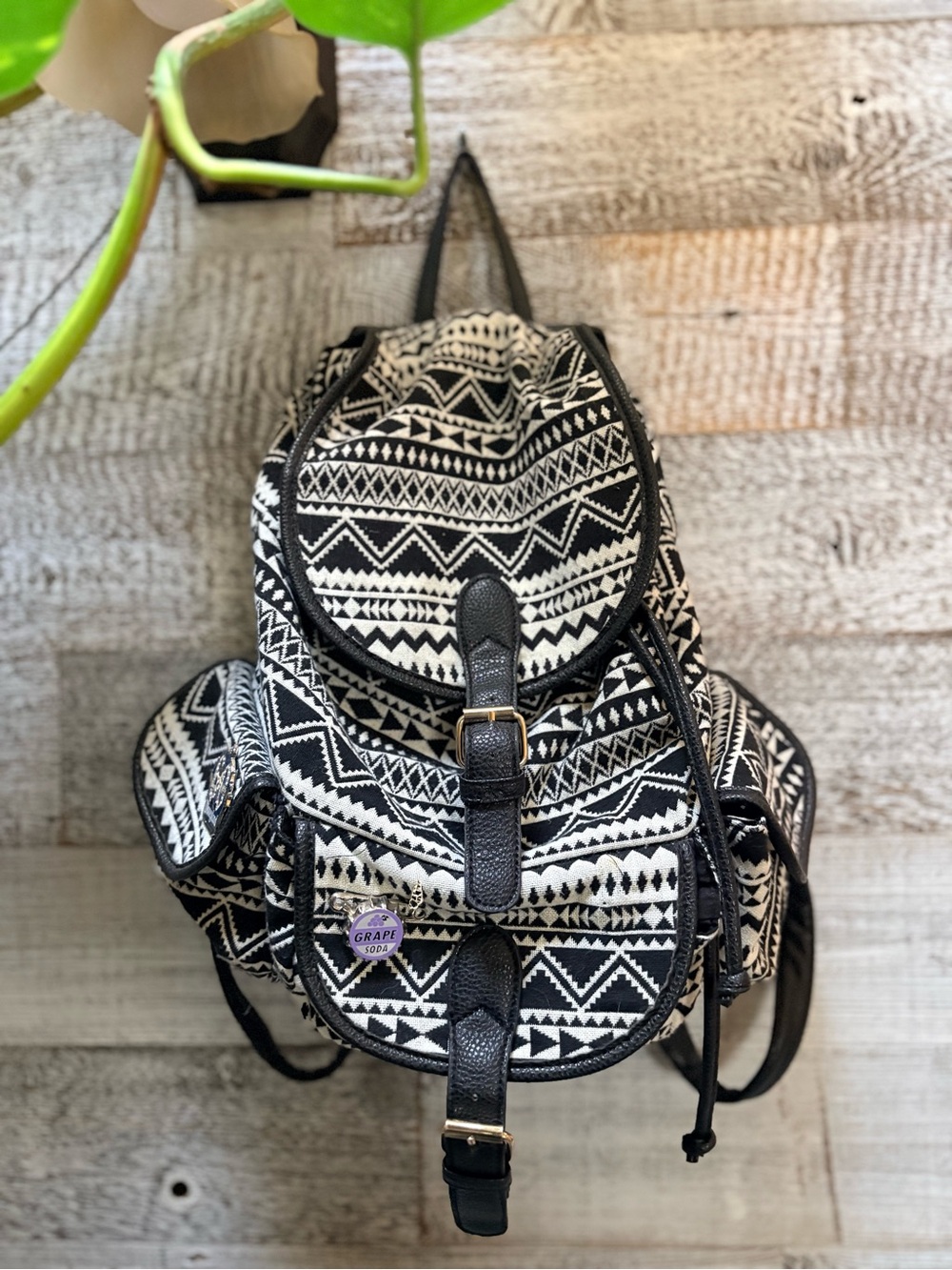 DLG | Tribal Geometric Boho Drawstring Bucket Backpack/Rucksack - Medium, B/W